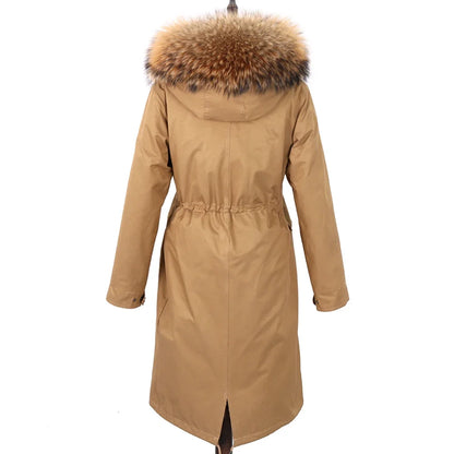 Long winter parka coat with hood and fur trim for women