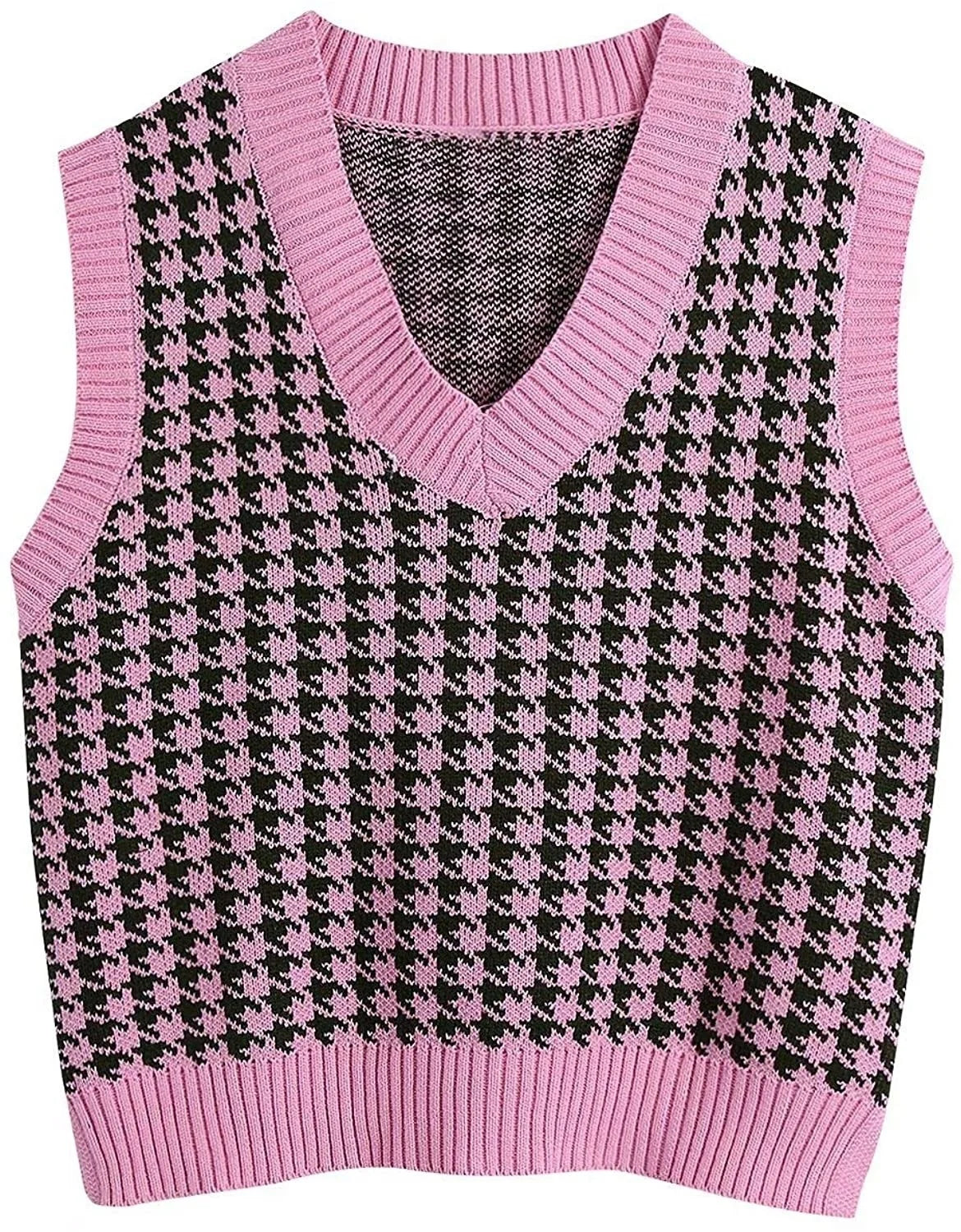 Women's knitted vest houndstooth V-neck sleeveless sweater vest