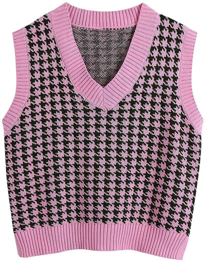 Women's knitted vest houndstooth V-neck sleeveless sweater vest