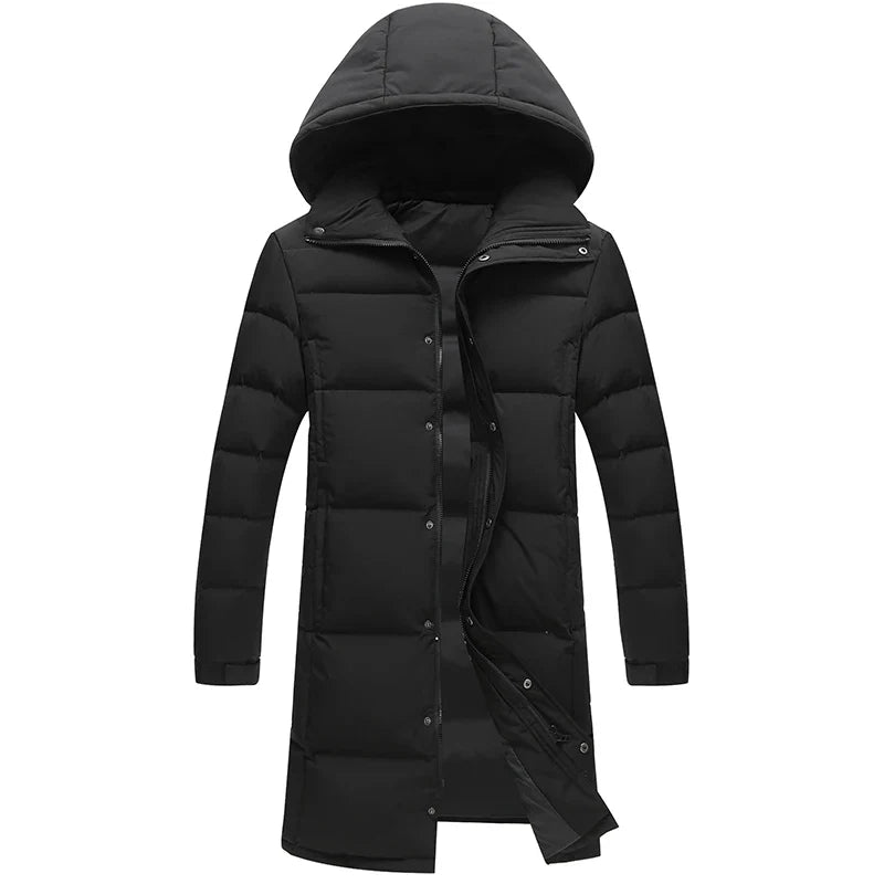 Long black puffer coat with hood for men