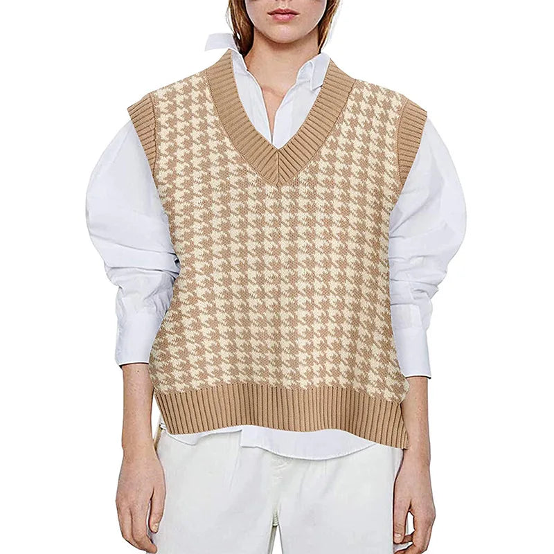 Women's knitted vest houndstooth V-neck sleeveless sweater vest
