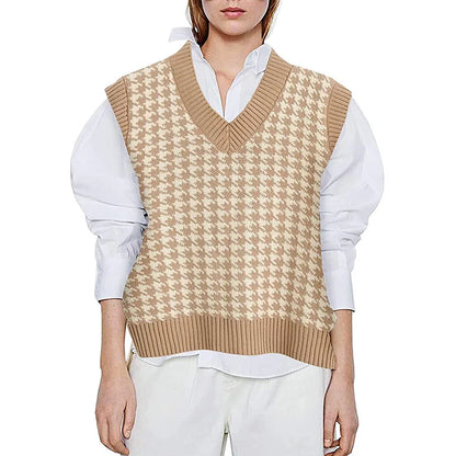 Women's knitted vest houndstooth V-neck sleeveless sweater vest