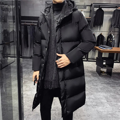Long black puffer coat with hood for men