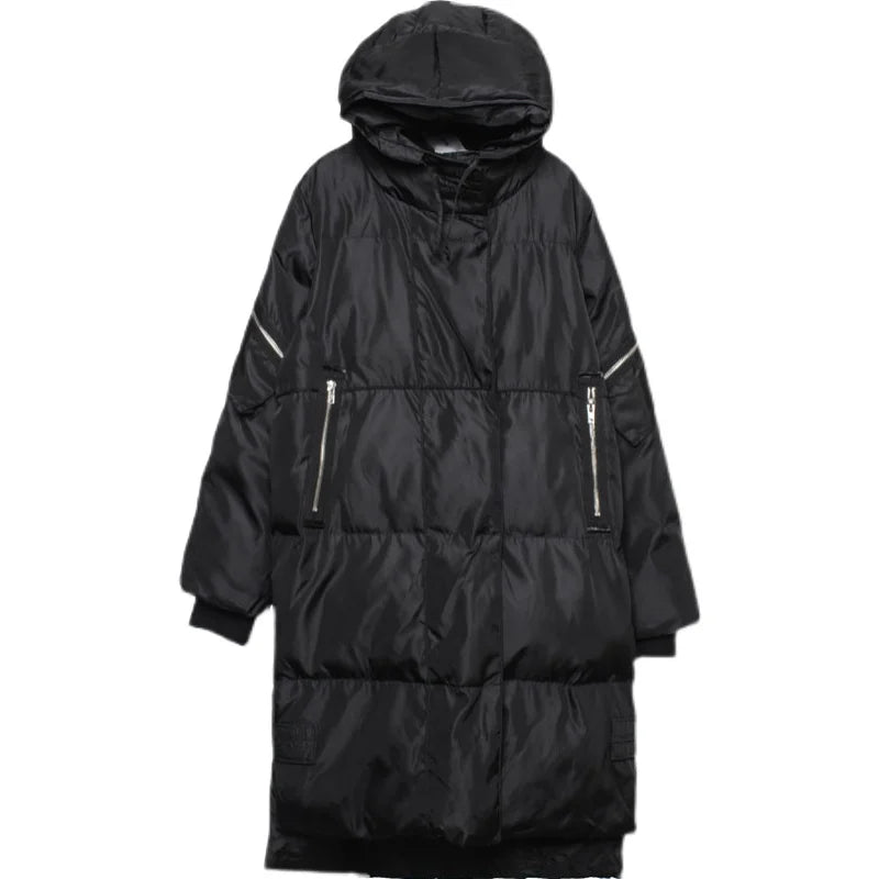 Long black quilted coat with hood for men