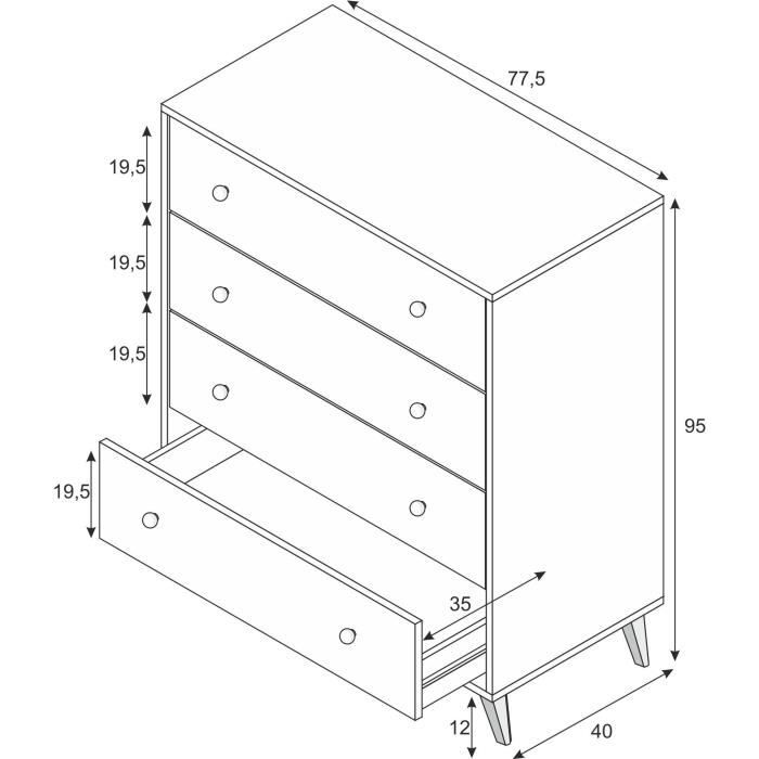 Ladekast Sweet wit 95 x 77,5 x 40 cm, met 4 lades, ronde knopjes en schuine poten