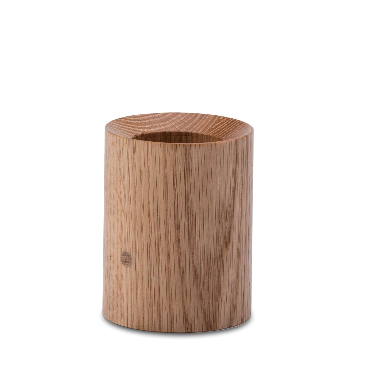 Ronde houten standaard van essenhout met zichtbare nerf en een ronde opening aan de bovenkant, op een witte achtergrond