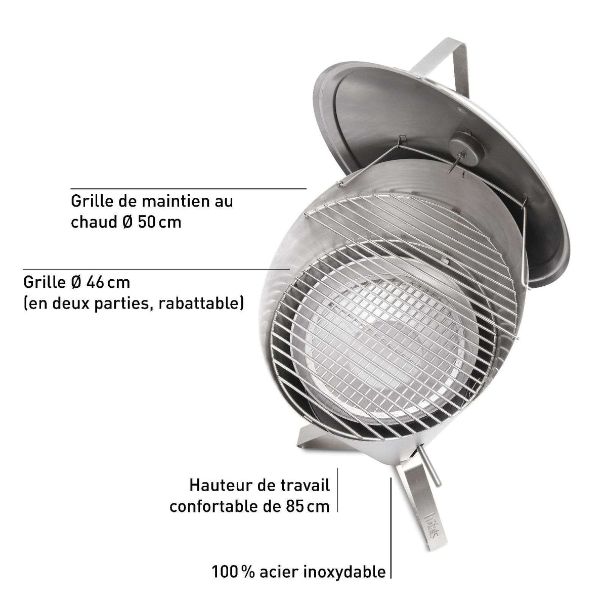 Houtskoolbarbecue roestvrij staal Cone zwart zilver Ø 60 cm, hoogte 1,05 m, voor de tuin