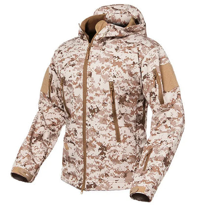 Unisex hooded softshell jacket, camouflage outdoor jacket with zippered pockets