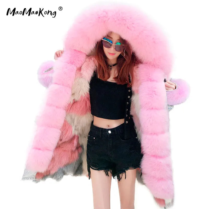 Women's winter parka with pink faux fur lining & hood