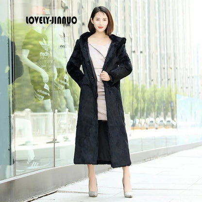 Women's long black coat with hood and belt, faux fur look