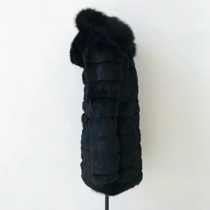 Schwarz Pelzjacke mit Kapuze und Fellbesatz Damen