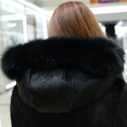 Langer Kunstfellmantel Schwarz mit Kapuze Damen Winterjacke Flauschiger Mantel