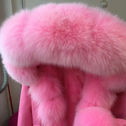Women's winter parka with pink faux fur lining & hood
