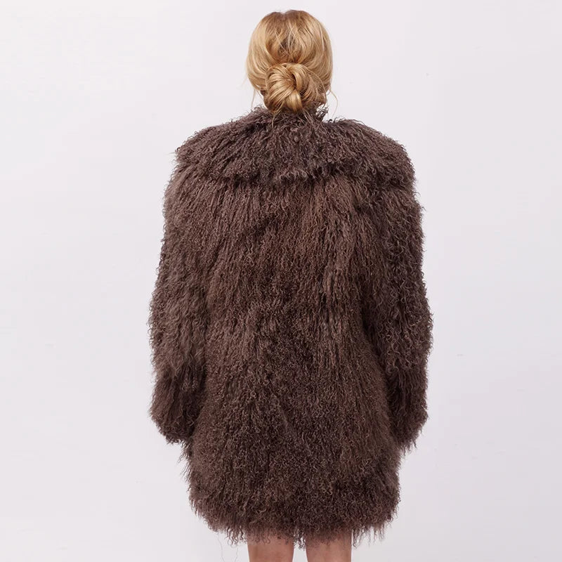 Damen Faux-Lammfell Mantel Langarm Zottelig Kunstfell Jacke