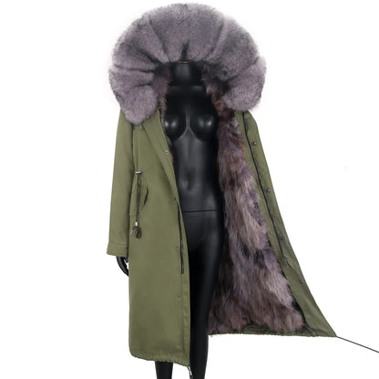 Long winter parka coat with hood and fur trim for women