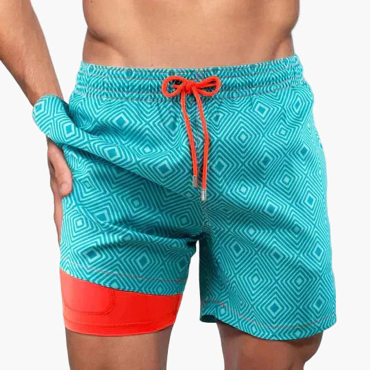 Herren Badeshorts mit Kompressions-Innenshorts – Tropischer Stil für Strand & Sport