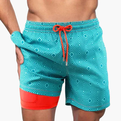Herren Badeshorts mit Kompressions-Innenshorts – Tropischer Stil für Strand & Sport