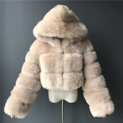 Damen Kurz Kunstfell Jacke mit Kapuze und langen Ärmeln