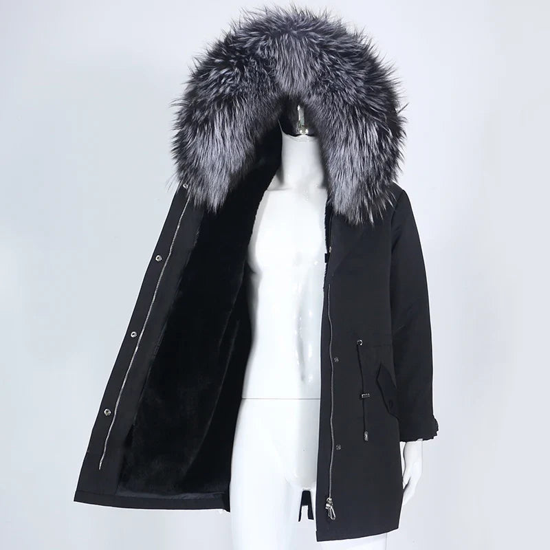 Men's parka with hood and fur collar, lined