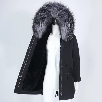 Men's parka with hood and fur collar, lined
