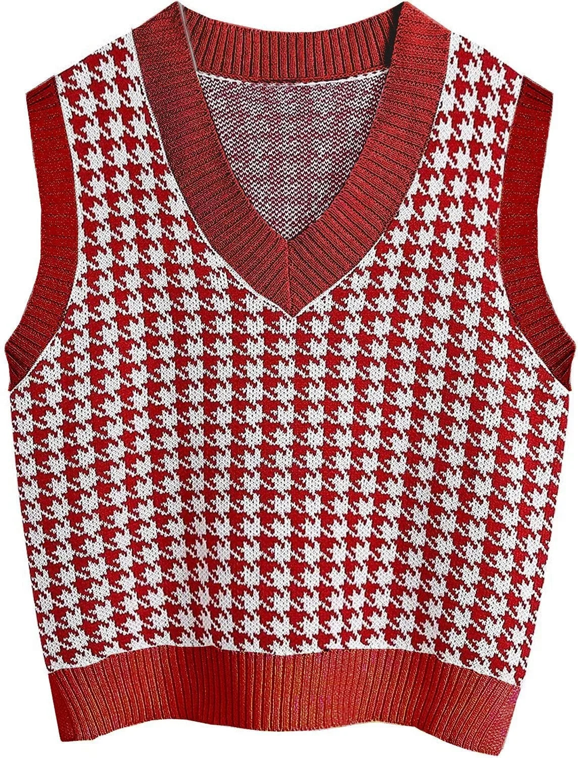 Women's knitted vest houndstooth V-neck sleeveless sweater vest