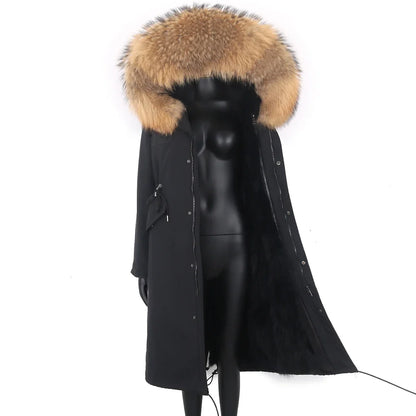 Damen Winterparka lang mit großer Kapuze und Pelzimitat Futter
