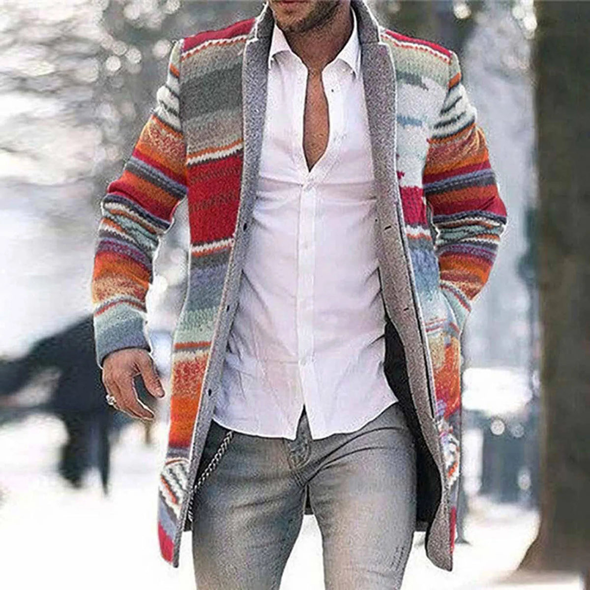 Men's long striped cardigan with button placket, multicolored
