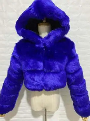 Damen Kurz Kunstfell Jacke mit Kapuze und langen Ärmeln