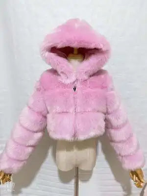 Damen Kurz Kunstfell Jacke mit Kapuze und langen Ärmeln
