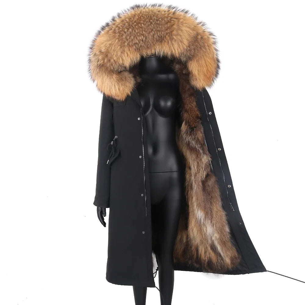 Damen Winterparka lang mit großer Kapuze und Pelzimitat Futter