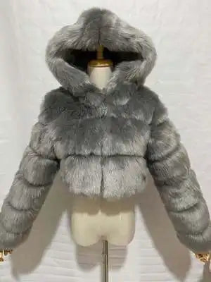 Damen Kurz Kunstfell Jacke mit Kapuze und langen Ärmeln