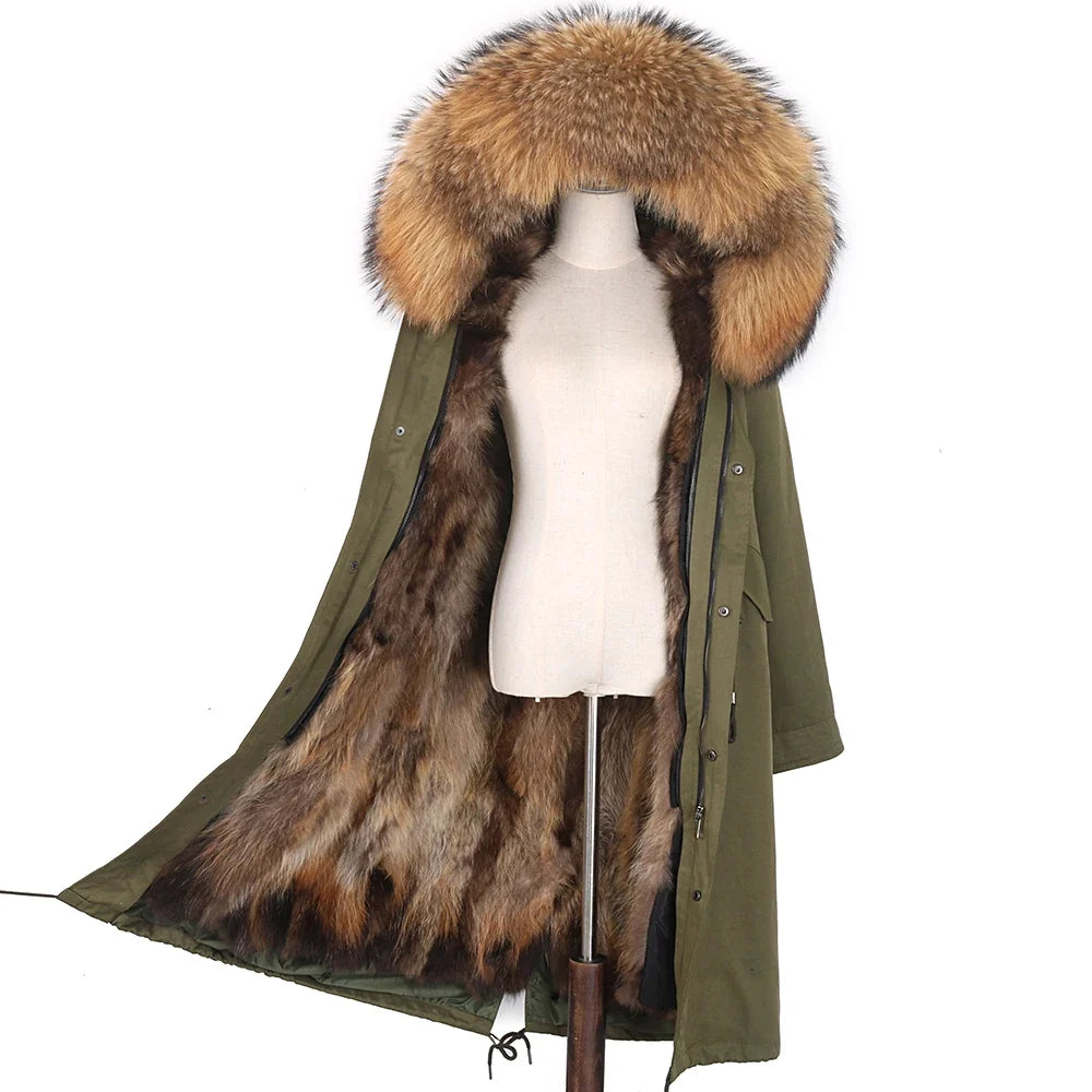 Long winter parka coat with hood and fur trim for women