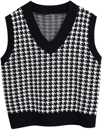 Women's knitted vest houndstooth V-neck sleeveless sweater vest