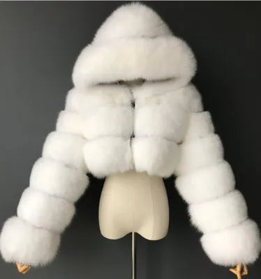 Damen Kurz Kunstfell Jacke mit Kapuze und langen Ärmeln