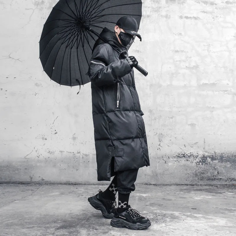 Long black quilted coat with hood for men