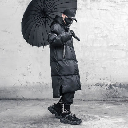 Long black quilted coat with hood for men