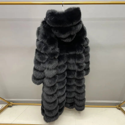Women's long faux fur coat with hood - Black