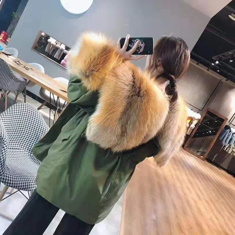 Damen Parka mit Kunstfellbesatz, Khaki, Langärmlig