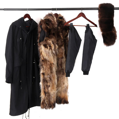 Damen Winterparka lang mit großer Kapuze und Pelzimitat Futter