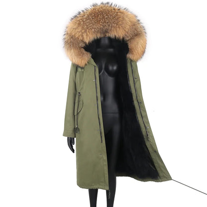 Damen Winterparka lang mit großer Kapuze und Pelzimitat Futter