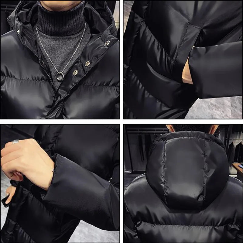 Long black puffer coat with hood for men