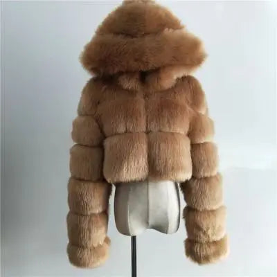 Damen Kurz Kunstfell Jacke mit Kapuze und langen Ärmeln
