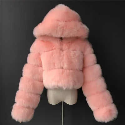 Damen Kurz Kunstfell Jacke mit Kapuze und langen Ärmeln