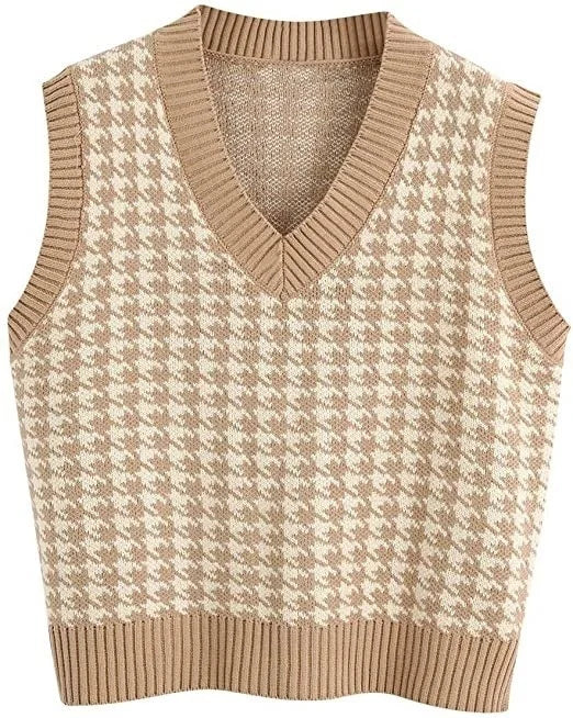 Women's knitted vest houndstooth V-neck sleeveless sweater vest