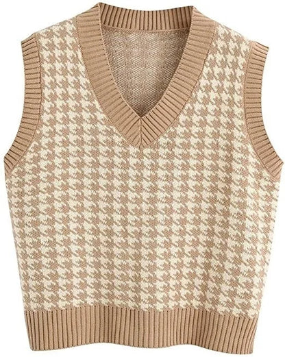 Women's knitted vest houndstooth V-neck sleeveless sweater vest