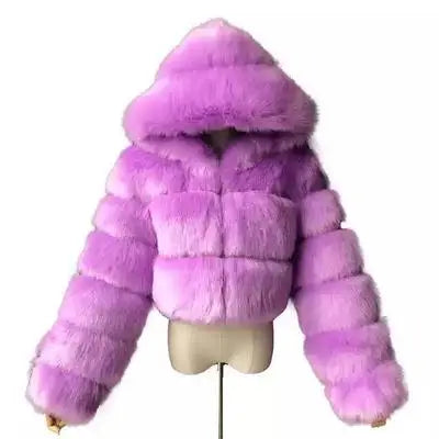 Damen Kurz Kunstfell Jacke mit Kapuze und langen Ärmeln