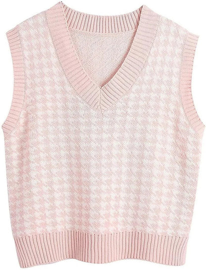 Women's knitted vest houndstooth V-neck sleeveless sweater vest