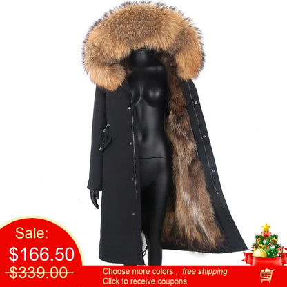 Long winter parka coat with hood and fur trim for women