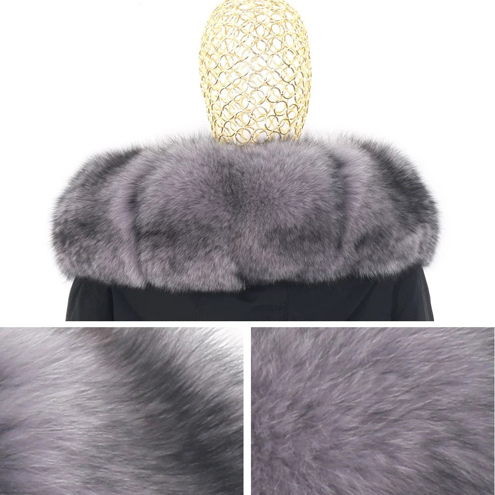 Long winter parka coat with hood and fur trim for women