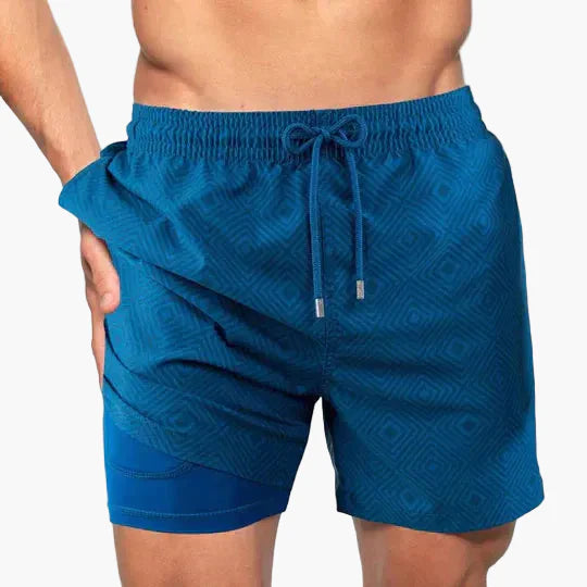 Herren Badeshorts mit Kompressions-Innenshorts – Tropischer Stil für Strand & Sport